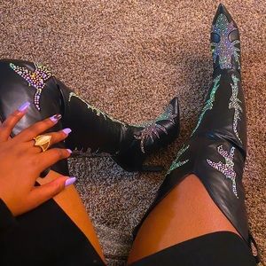 Thigh-high rhinestone cowboy boot